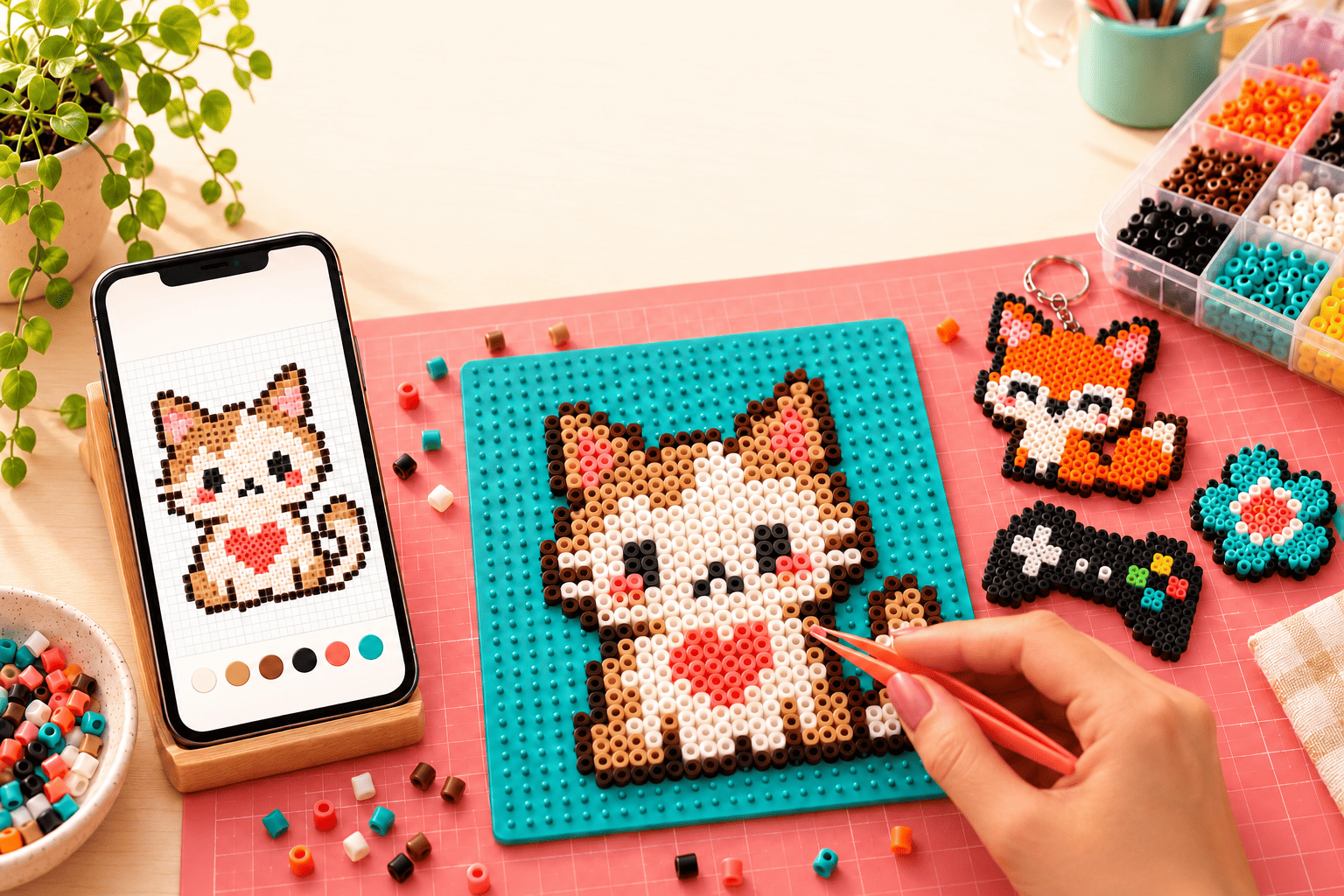 Mão posicionando uma miçanga com pinça vermelha em uma placa azul formando um gato pixel com coração, ao lado de um celular mostrando o molde, sobre uma bancada de madeira